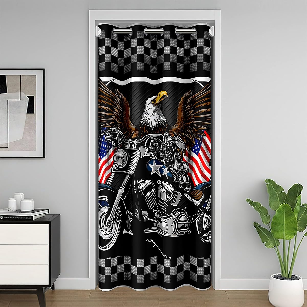 Motorcycle Eagle Doorway Curtain Privacy,USA Flag Black White Grid Stripes Door Cover Curtain,Geometric Wild Animals Racing Winter Insulated Thermal