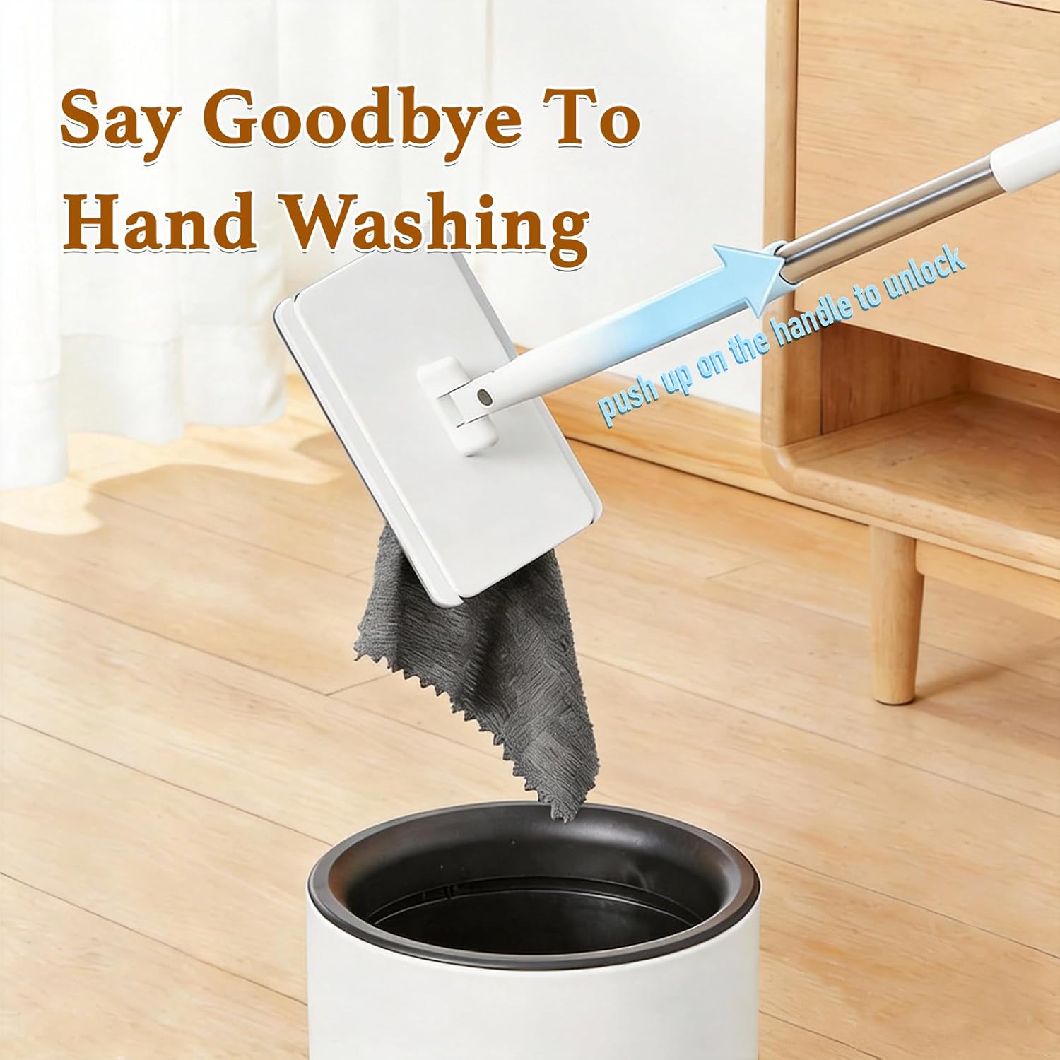 Snap Grip Mini Mop for Disposable Face Towel, Zero-Touch Attach & Remove Minimop, Extendable Lazy Mops for Bathroom, Mirror, Wood Floor, Reusable Snapgrip Mop Works with Tiny Cloth(48")