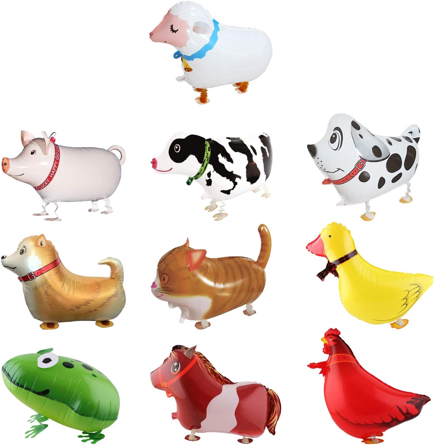 SOTOGO 10 Pieces Walking Animal Balloons Farm Animal Balloon Birthday Party BBQ Party Décor(Pony,Duck,Rooster,Cow,Pig,Sheep,Spotted Dog,Sheepdog,Frog,Cat)