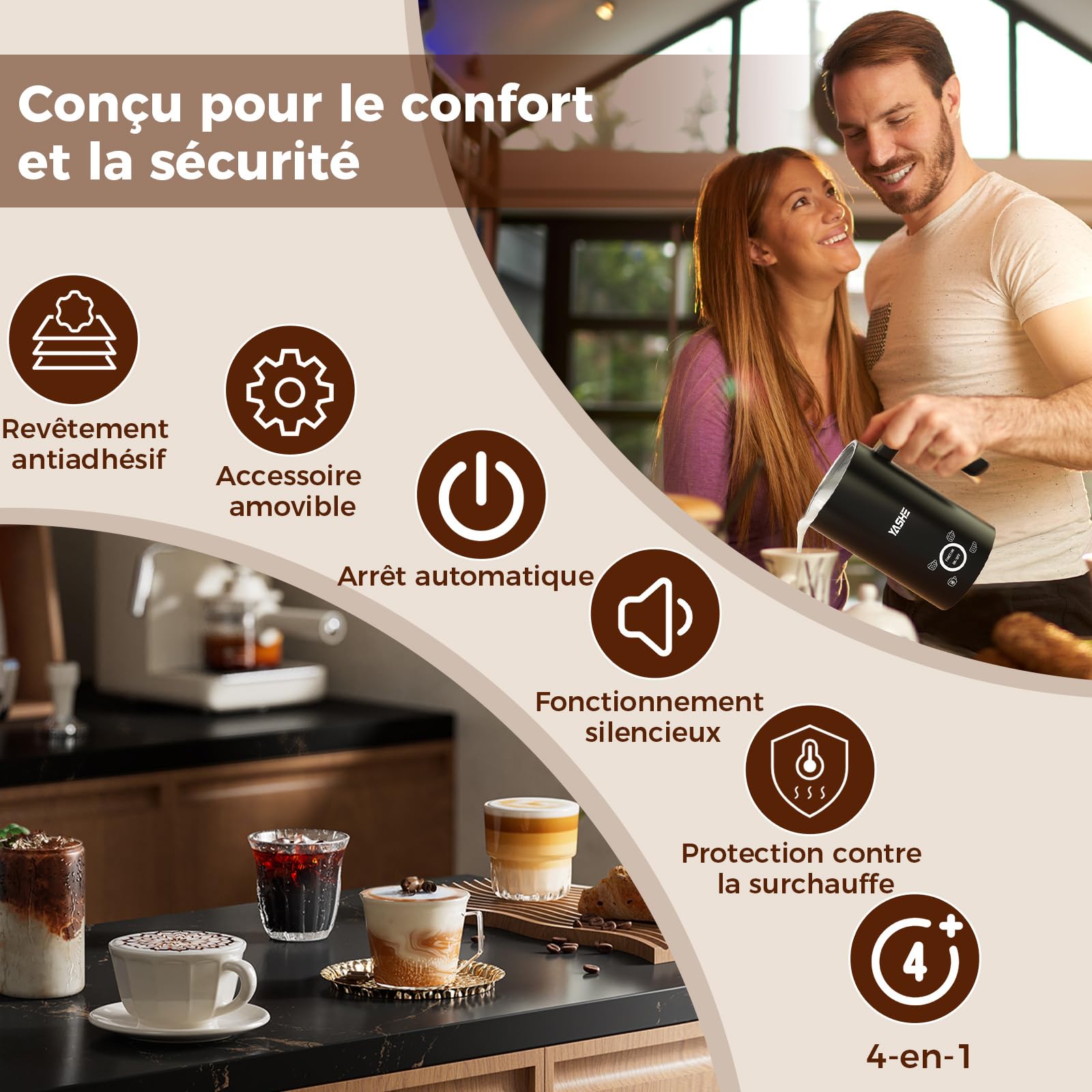 Mousseur À Lait Électrique 4-en-1 Pour Boissons Chaudes & Froides Pour Café, Cappuccino Ou Latte Revêtement Antiadhésif Chauffage Rapide Automatique Arrêt Automatique Mode Silencieux Facile A Nettoye