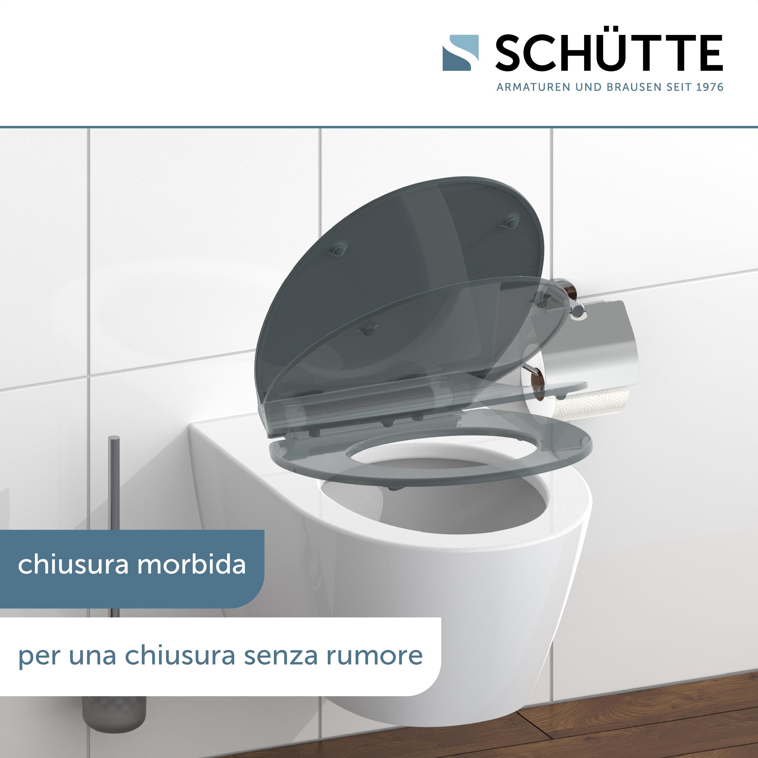 Schütte 82704 Sedile WC Slim con abbassamento Automatico, con Chiusura Rapida, Sottile, Colore: Grigio, Antracite