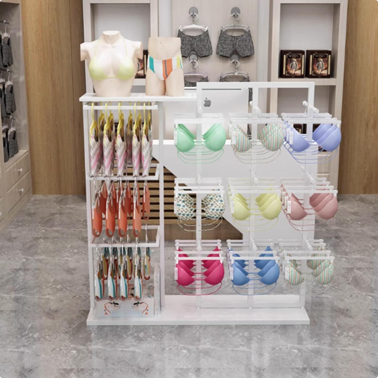 3 Tier Freestanding Clothing Store Boutiques Retail Lingerie Garment Rack, Multifunctional Commercial Shelves for Underwear Socks Bra Panties Scarves Storage, Swimsuit Beachwear Hanger
