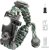 Vista 1 de Brazalete de paracord de supervivencia 20 en 1, kit de equipo ajustable con luz LED SOS, arrancador de fuego, brújula más grande, silbato