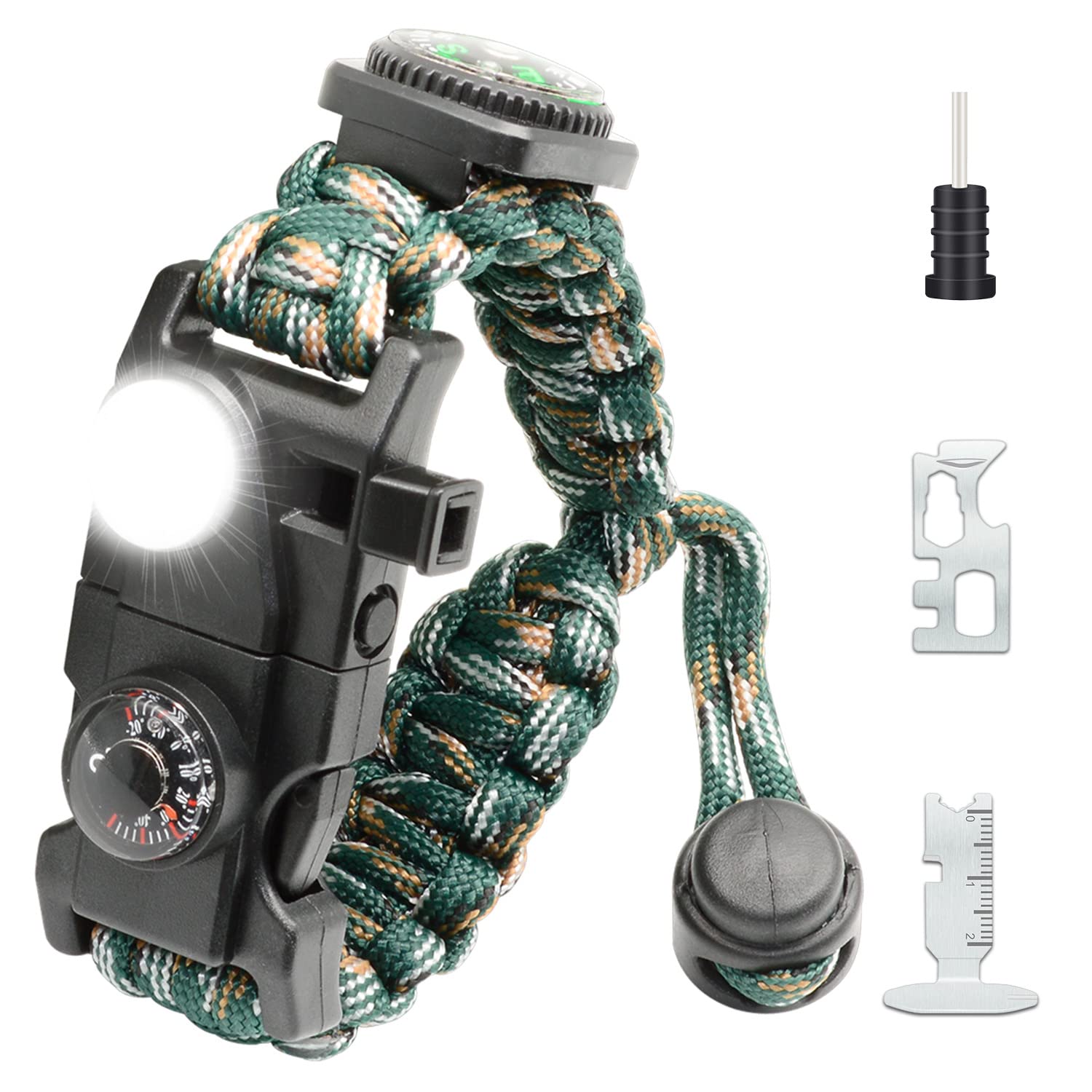 NVioAsport 20 in 1 Survival Paracord Bracelet Adjustable Gear Kit with SOS LED Light, Fire Starter, Bigger Compass, Survival Whistle, Perfect for Camping, Hiking, Fishing