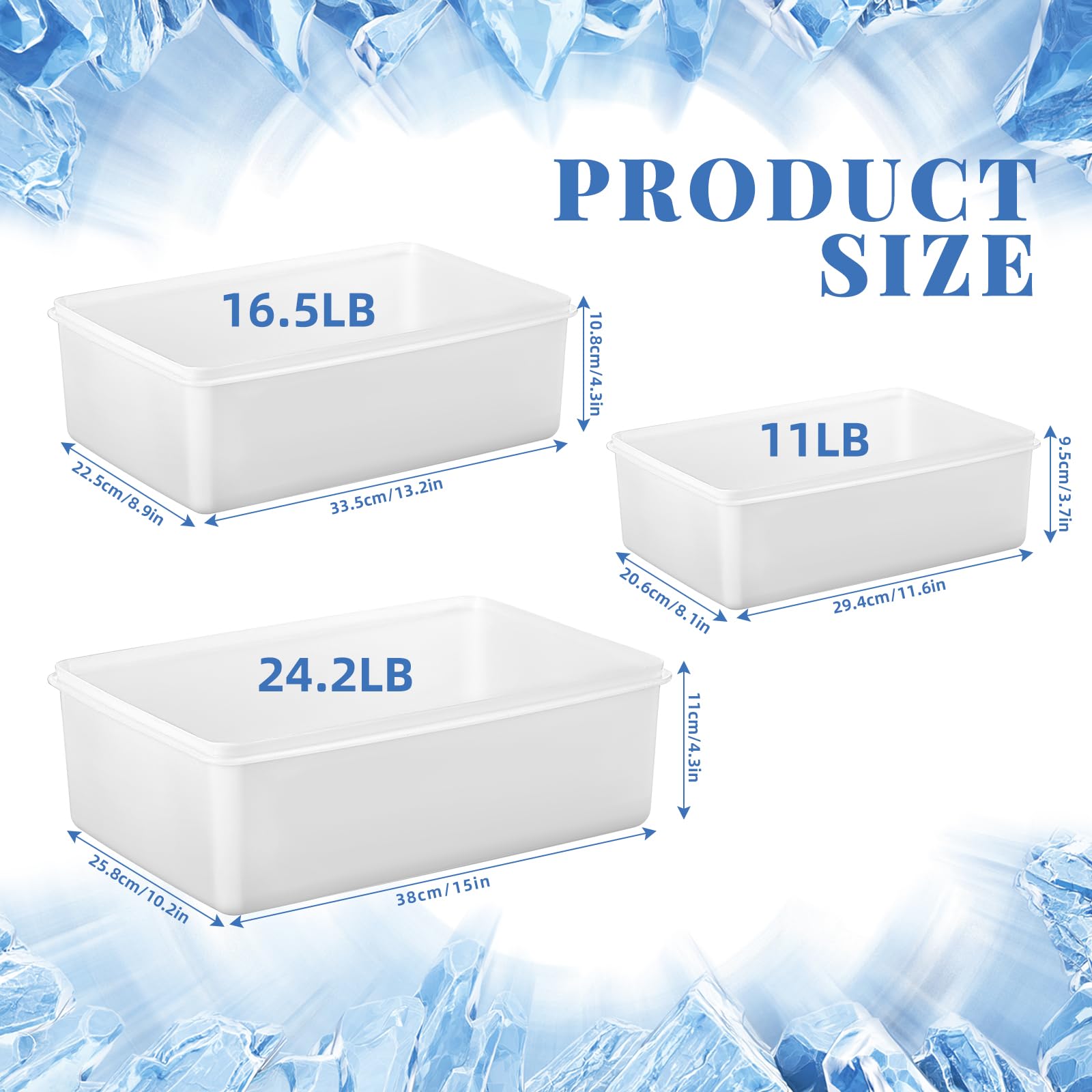 Suclain 3 moldes de bloques de hielo extra grandes con tapas de 11 libras, 16 libras, 24 libras, moldes de hielo grandes, reutilizables, apilables, bandeja para cubitos de hielo grandes para inmersión