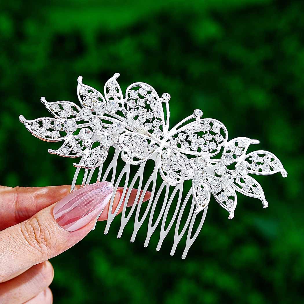 Foyte Crystal Wedding Hair Comb Rhinestone Bride headpiece Silver Butterfly hair piece Leaf Side Hair Combs for Women and Brides