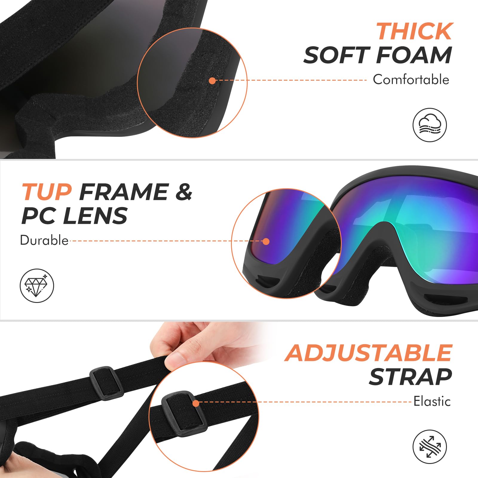 Lot de 3 paires de lunettes de moto rembourrées pour moto tout-terrain, VTT, ski, motocross, équitation, protection UV, anti-poussière et coupe-vent pour homme, femme, enfant (transparent, noir +