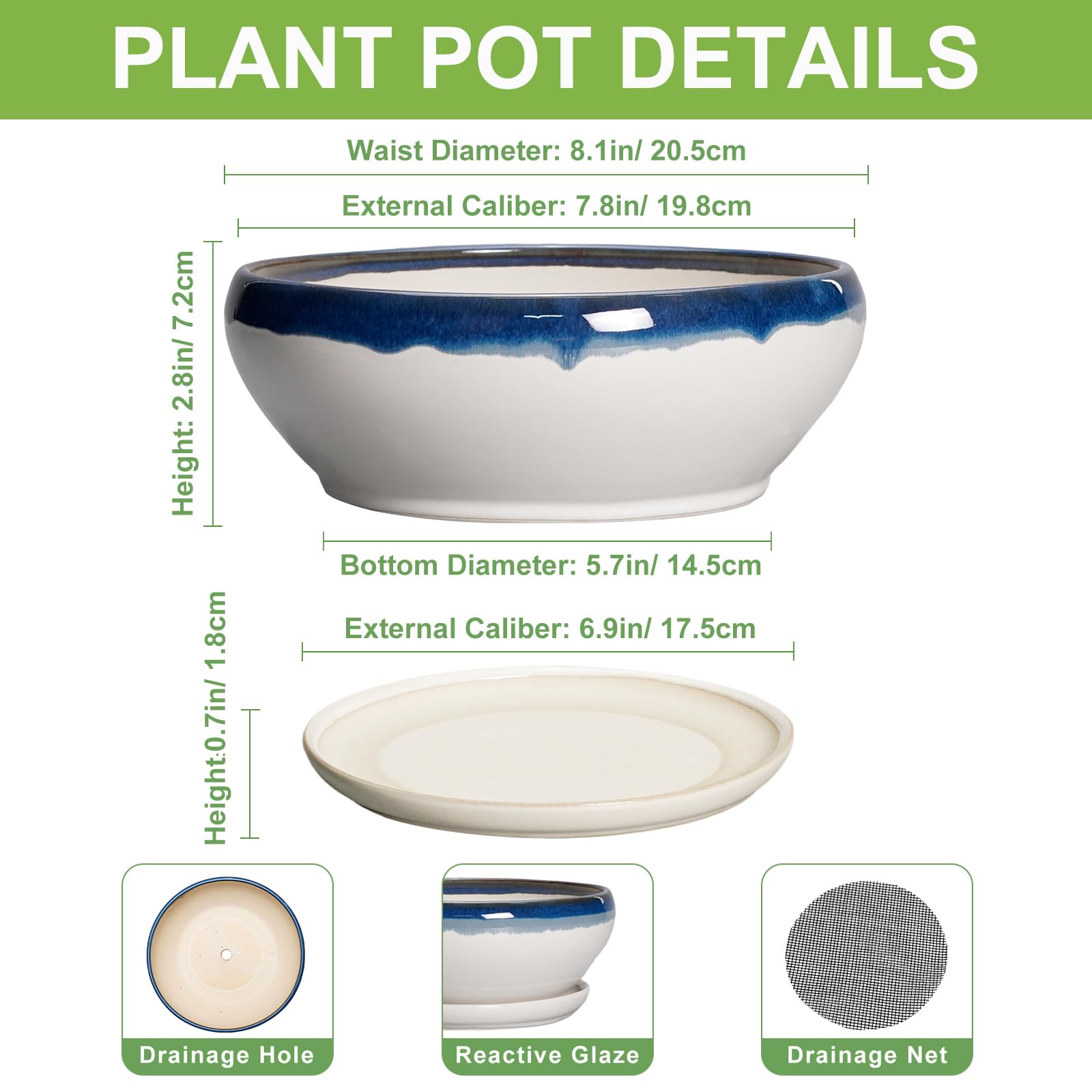 SQOWL Bonsai-Töpfe Keramik - 20,3 cm Sukkulenten-Pflanzgefäße für den Innenbereich, Sukkulententopf mit Drainageloch und Abtropfschale, flacher Keramik-Pflanztopf für den Außenbereich, runder