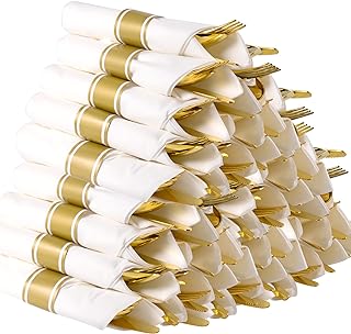 Prerolled Plastic Cutlery Set with Napkin - Gold Utensils Plastic Disposable, Cutlery Set Disposable, Gold Plastic Silverware Heavy Duty, Wedding Cutlery Wrapped Plastic Cutlery for Parties, Weddings