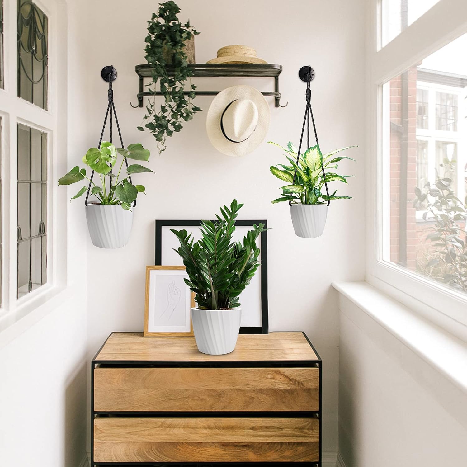 QQpony 4 Packs Hanging Planter Set with 4 Heavy Duty Metal Hooks, Thicken Plastic Hanging Planter Basket with 2 Drainage Holes, Hanging Flower Pots for Home Garden& Office Decoration- White : Patio, Lawn & Garden