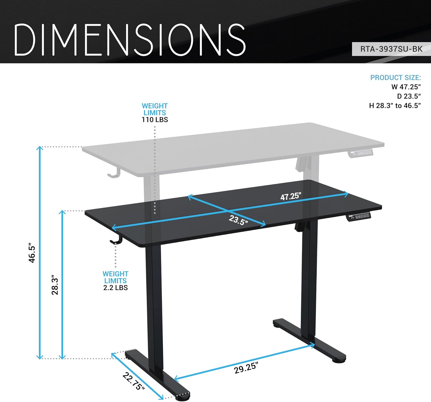Techni Mobili 47.25” W Electric Standing Desk, Height Adjustable Sit-to-Stand Desk with 3 Memory Presets and Dual Accessory Hooks, Computer Workstation for Home or Office (Black)