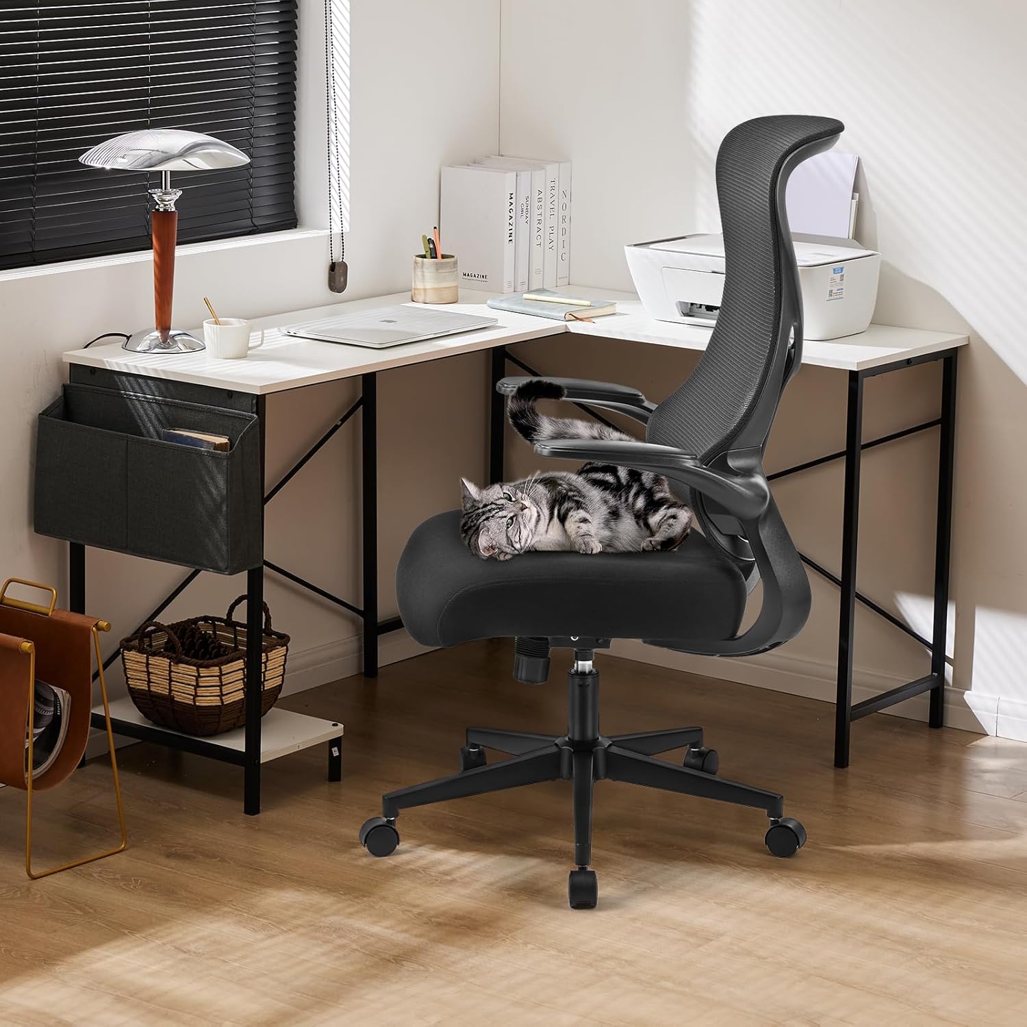 DUMOS Home Office Desk Chair - Ergonomic High Back Mesh Computer Chair with Comfy Flip-up Armrests, Adjustable Height Swivel Task Chair with Wheels, Comfortable Lumbar Support, for Adults, Black