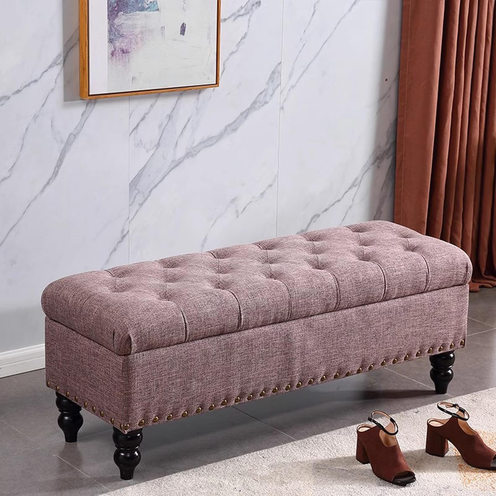 Banc ottoman de rangement en tissu aspect lin beige avec pieds en bois massif pour l'entrée