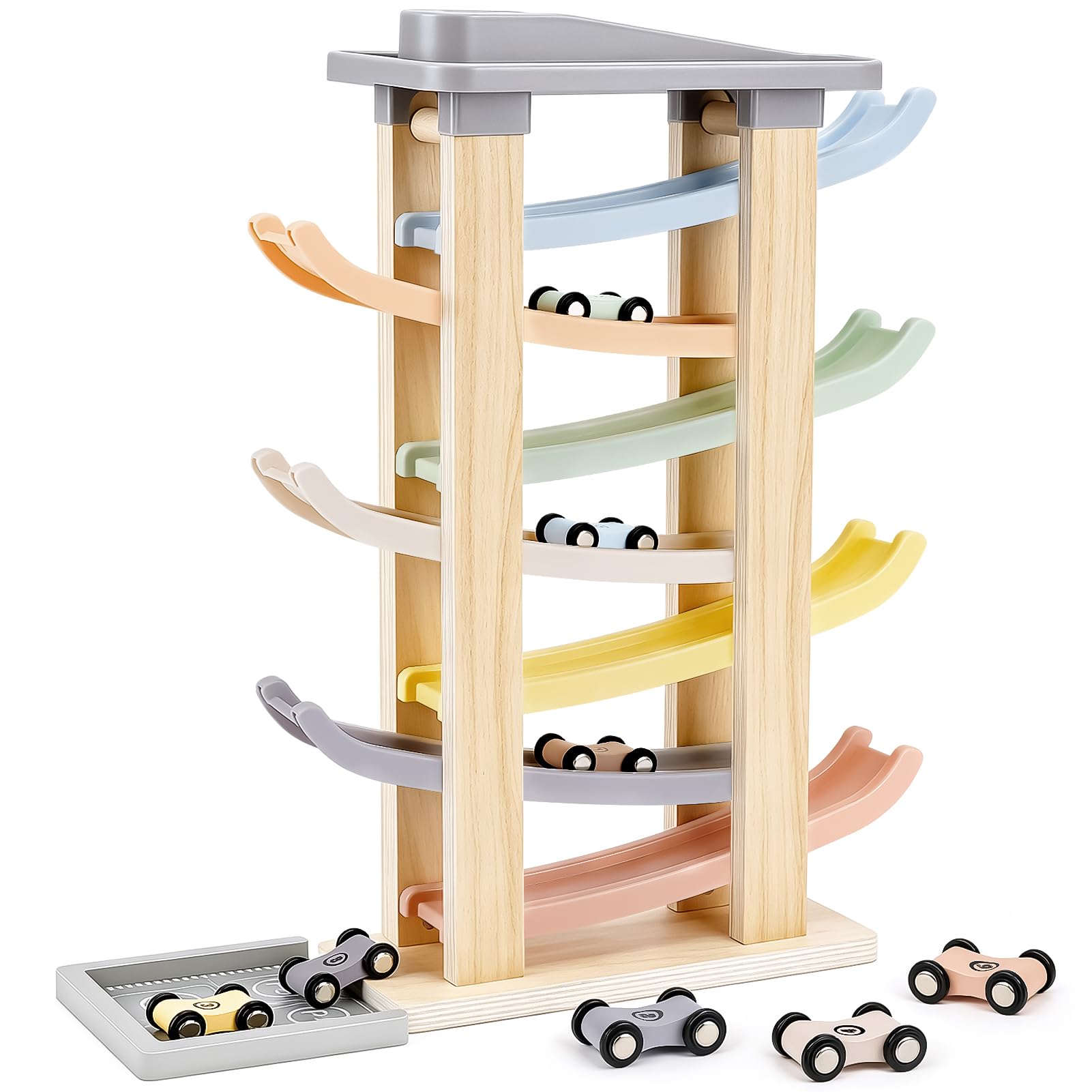 Joyreal Juguetes Niños 1 año - Parking Coches Juguete de Madera, Juguetes Montessori con 8 Mini Coches Regalo Niño Niña 1 2 año