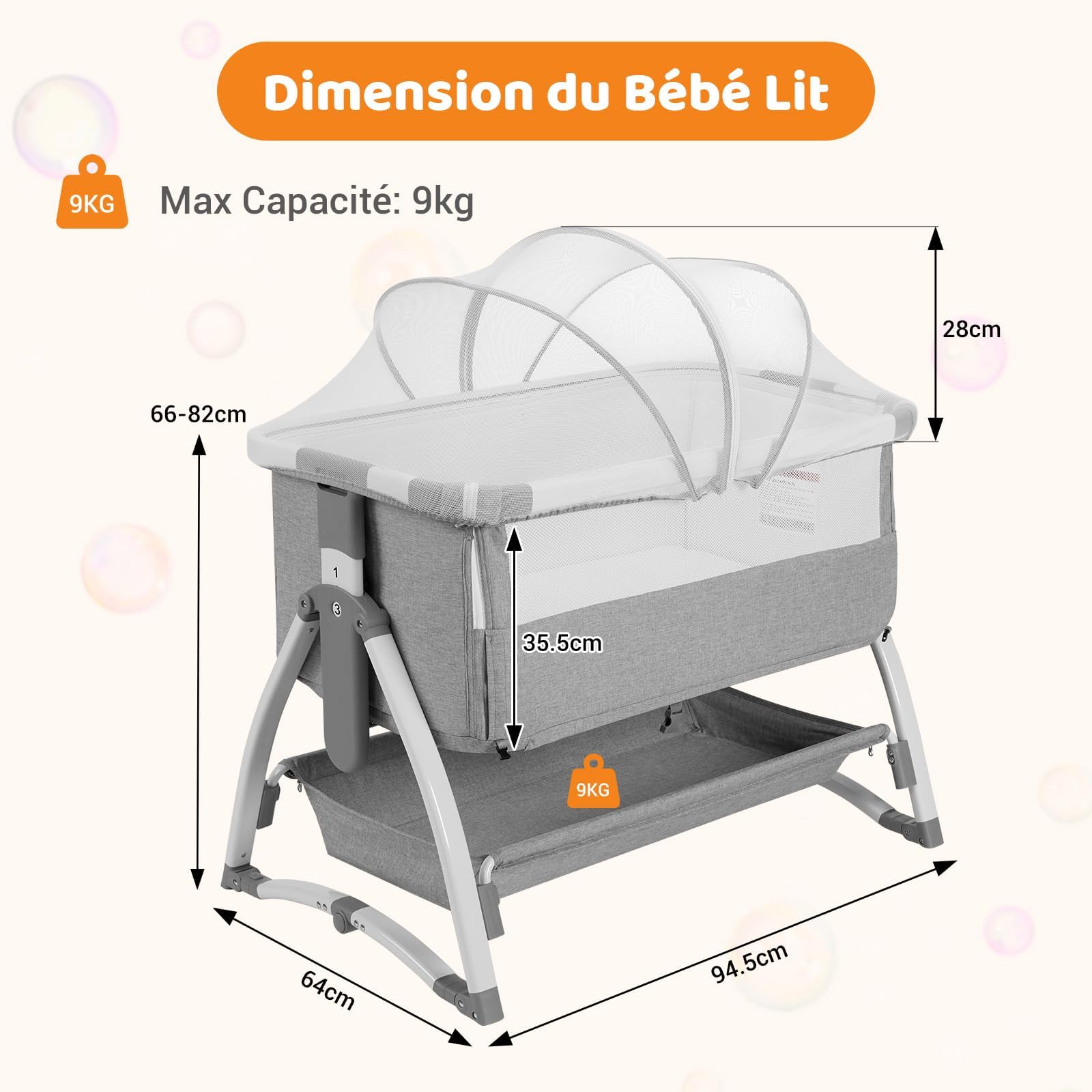 GarveeHome 3 in 1 Baby Beistellbett, Klappbares Beistellbett, Babywiege Mit Matratze Und Moskitonetz, Höhenverstellbar, Mit Reisetasche, Für Babys Von 0 Bis 36 Monaten, Hellgrau