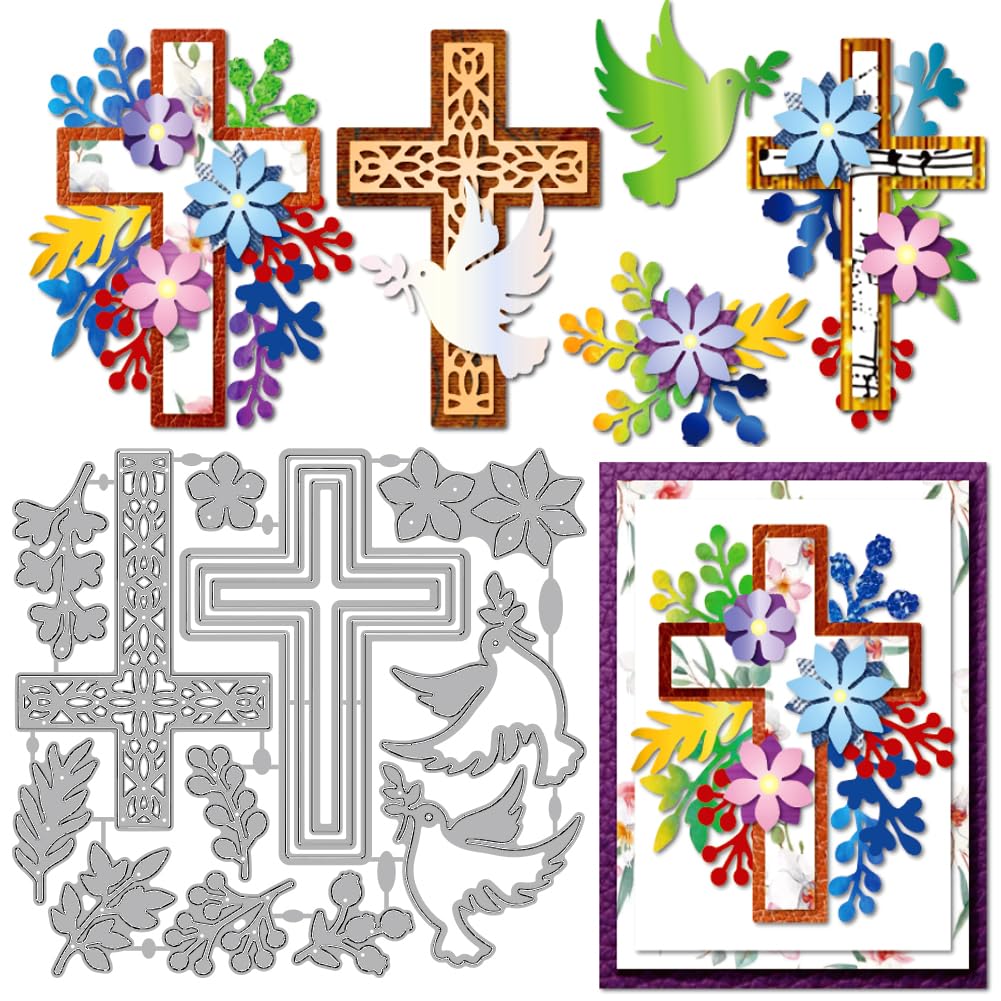 MAYJOYDIY Easter Flower Cross Die Cuts for Card Making Pigeon Olive Leaf Metal Cutting Dies Religion Cross Frame Embossing Cutting Stencil for Scrapbooking Craft Paper Easter Card Gift Decoration