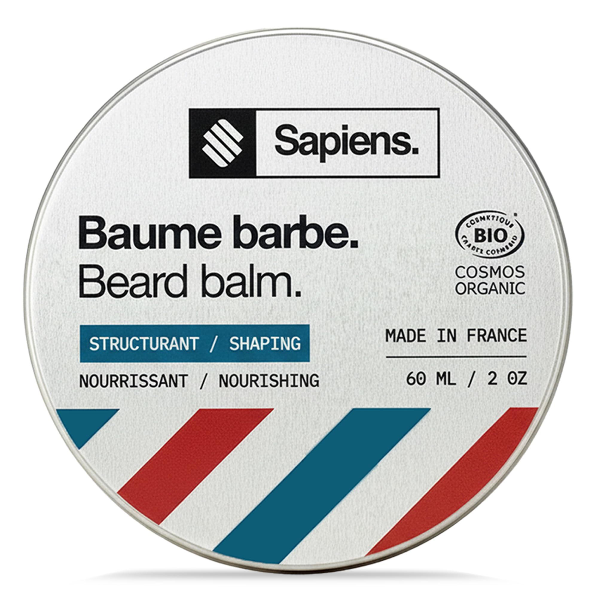 Sapiens Balsamo Barba Uomo BIO 60 ml – Cera Barba e Cera Baffi Naturale – Burro di Karité & Olio di Ricino – Ammorbidisce, Nutre e Modella – Fatto in Francia, Certificato Cosmos Organic