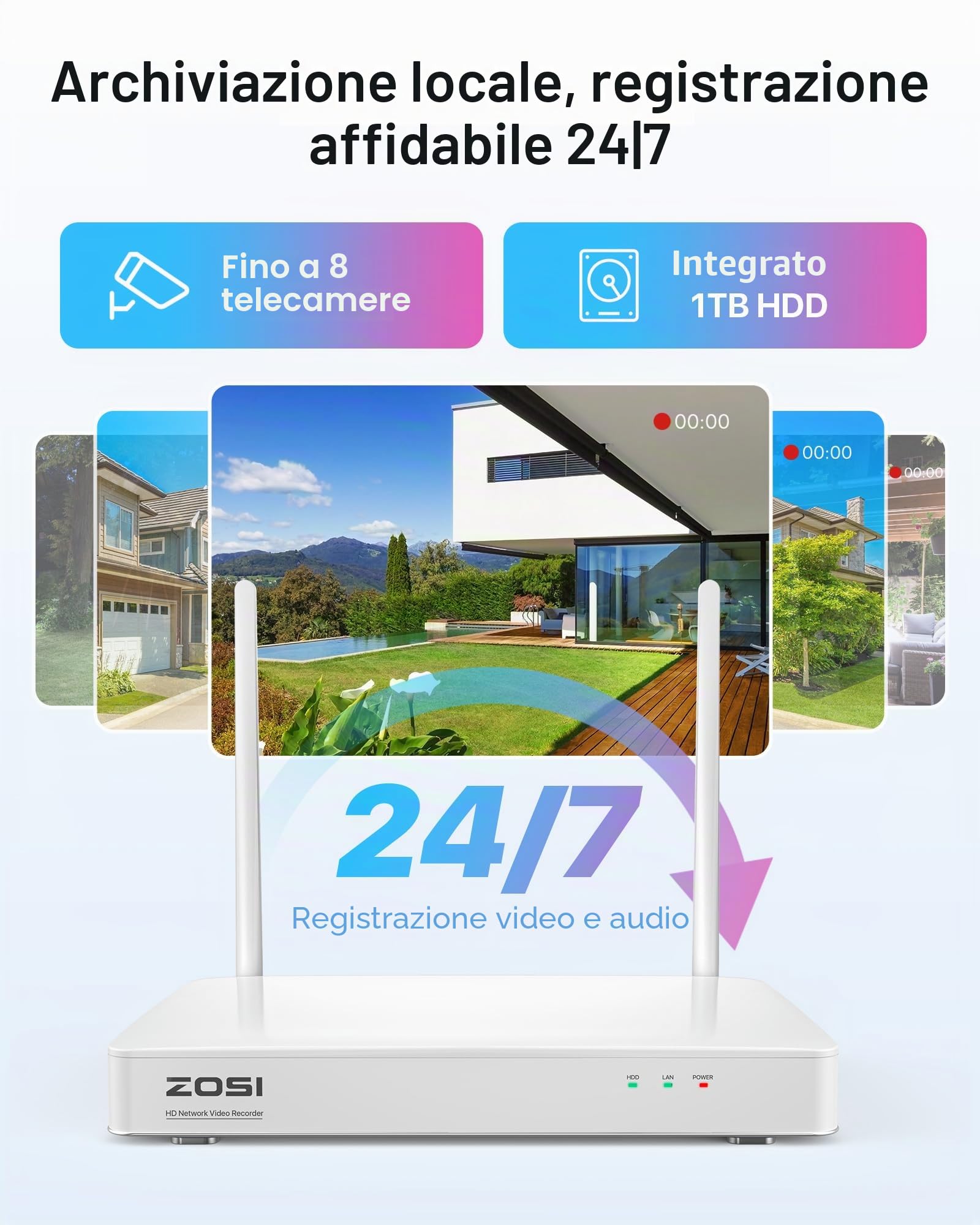 ZOSI 4MP Kit Videosorveglianza WiFi Esterno, 4X Telecamera Bullet, H.265+ 8CH 1TB NVR, Visione Notturna a Colori, Rilevazione di Persone, Audio Bidirezionale, Allarme Intelligente