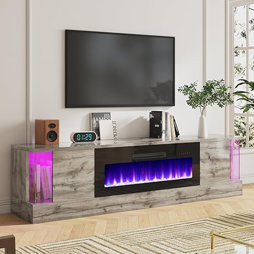 70" Modern High Gloss Fireplace TV Stand with 36" Fireplace, LED Lights Entertainment Center with Flip Doors & Corner Glass, TV Console Table for TVs Up to 80", Living Room, Grey