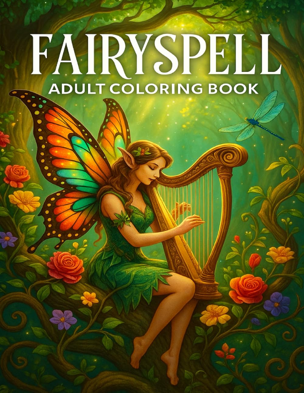 Fairyspell Adult Coloring Book: Beautiful Fairy with Harp, Forest Flowers & Magical Fantasy Scenes for Relaxing Coloring