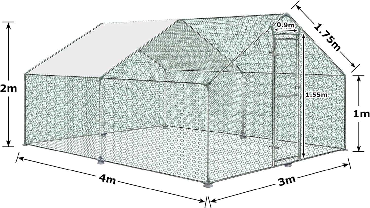 ACXIN Kurnik 3 x 4 x 2 m, wybieg dla kurników, drzwi z zamkiem, ocynkowana, stalowa rama, powlekany PE daszek do klatki dla kur, dla drobiu, małych zwierząt