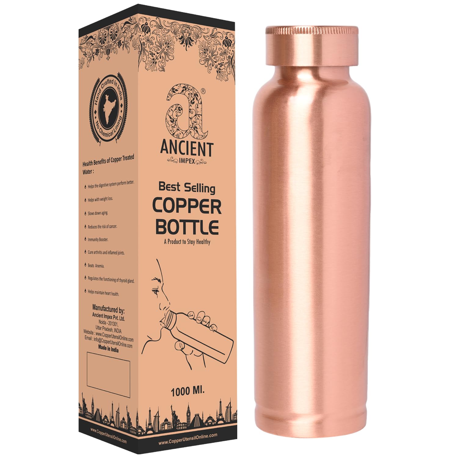 ANCIENTIMPEX Pure Copper Water Bottle 900ml (30.43 FL Oz) Matte Finish | Leak-Proof & Joint-Free Ayurvedic Copper Bottle for Daily Hydration, Yoga, Gym, Office & Travel