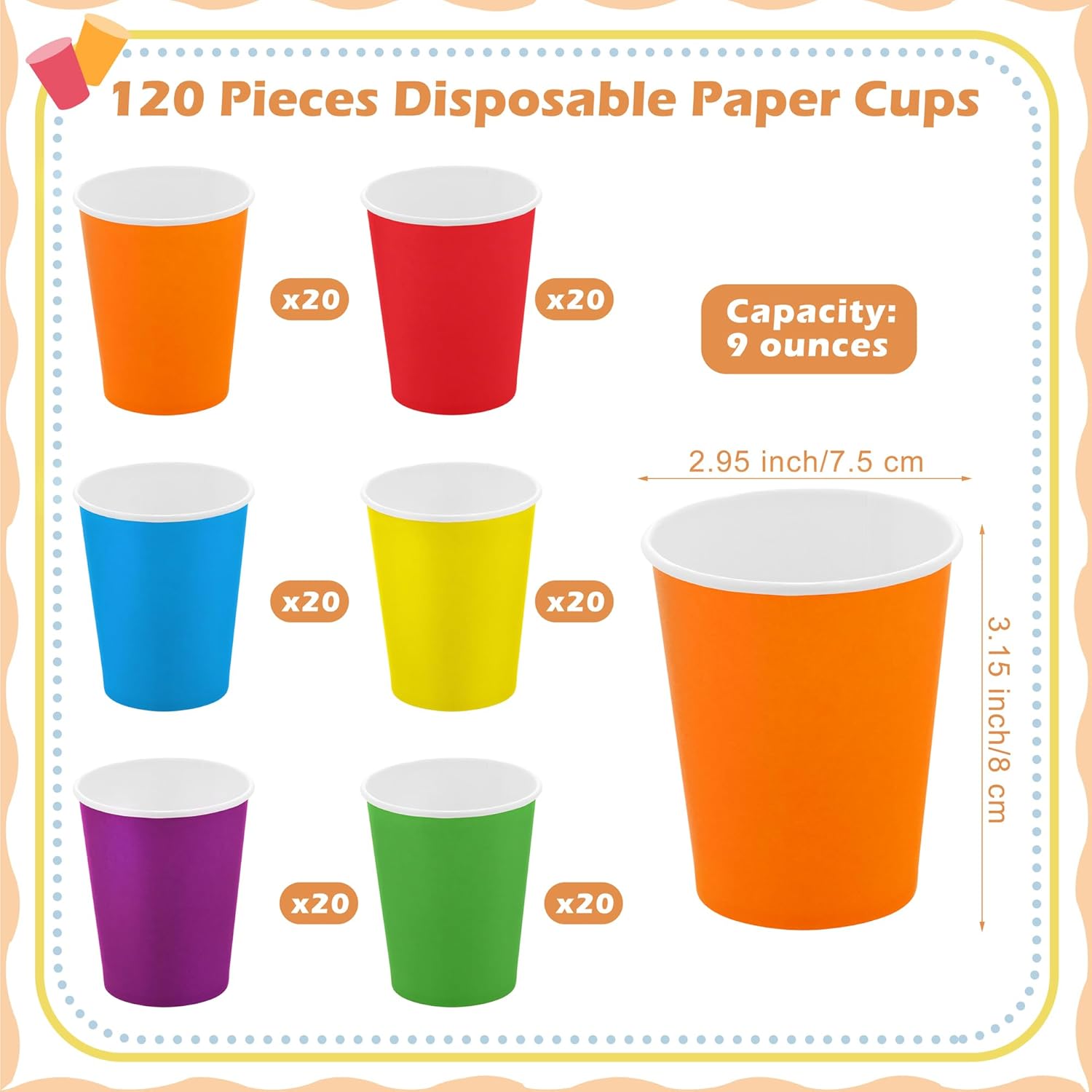 URATOT 120 Pieces 9 Ounce Disposable Paper Cups Rainbow Party Cups Drinking Cups for Party, DIY and Holiday, 6 Colors - Image 2
