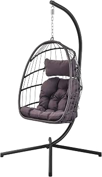 Aluminum Frame Patio Swing Chair Wicker Hanging Chair Patio Egg Chair with UV Comfortable Brown Cushion and Pillow Dark Grey