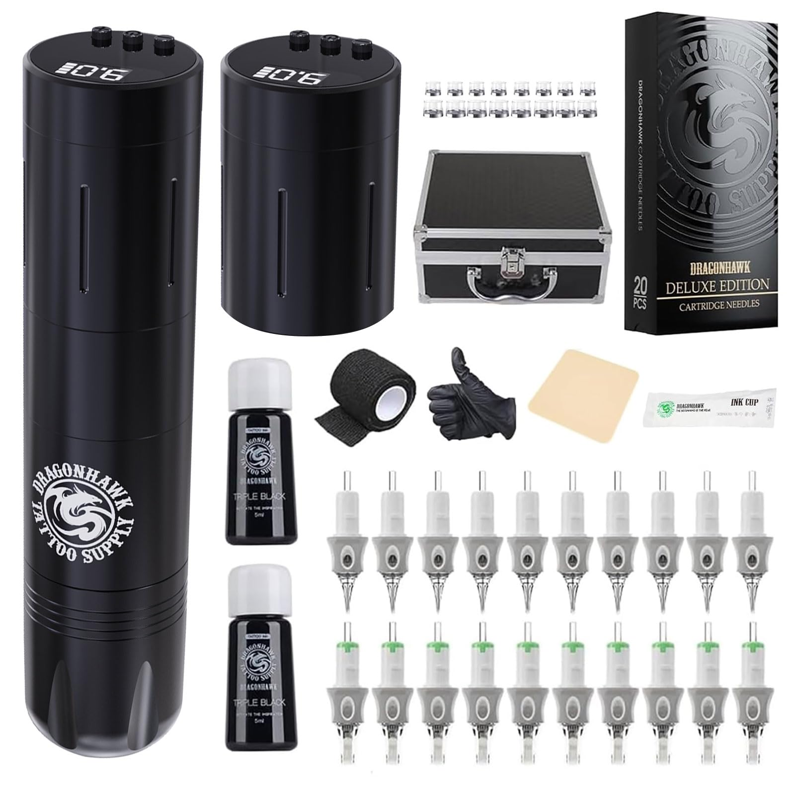 Dragonhawk Tattoo Maschine Set Rotary Kabellose tätowiermaschine Batterie Pen Tattoo Gun LCD Display von 2pcs 1500mA Replaceble Batterie Tattoo Nadeln für Tattoo Anfänger