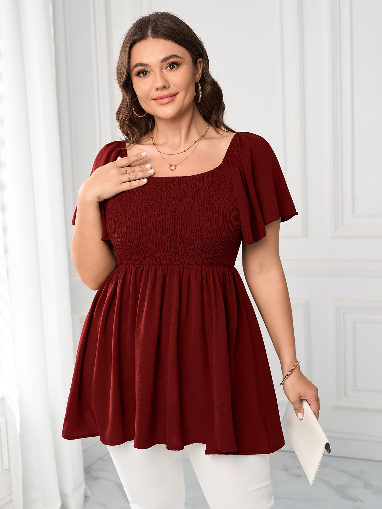 SHESTARR Haut habillé grande taille pour femme, col carré, manches courtes, smocké, péplum