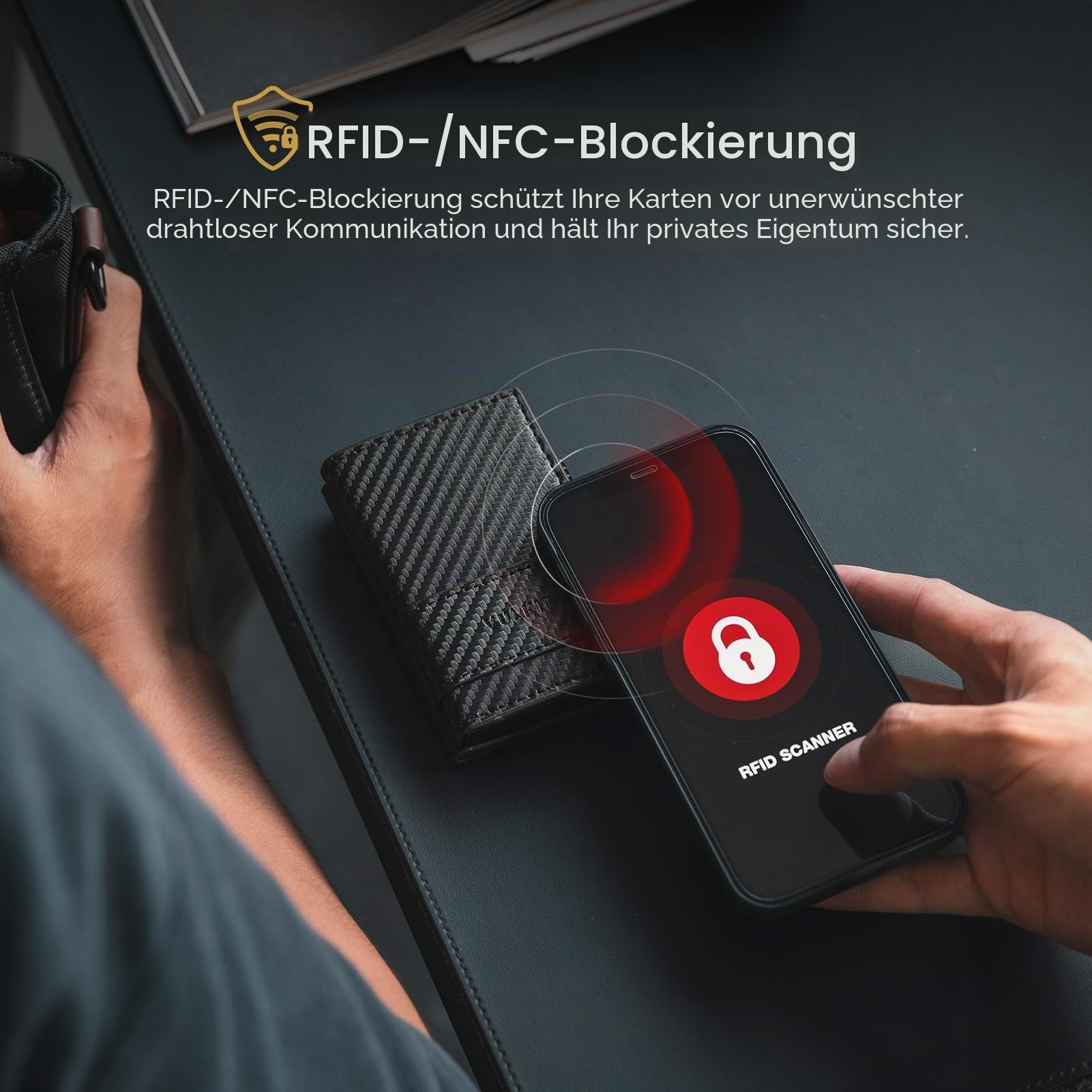 VULKIT Kartenhalter, zweifach Faltbare Pop-Up-Geldbörse aus Leder für Herren, RFID-blockierendes Kreditkartenetui, für 9 Karten und Banknoten, Münzfach mit Reißverschluss (Kohlefaser Schwarz)