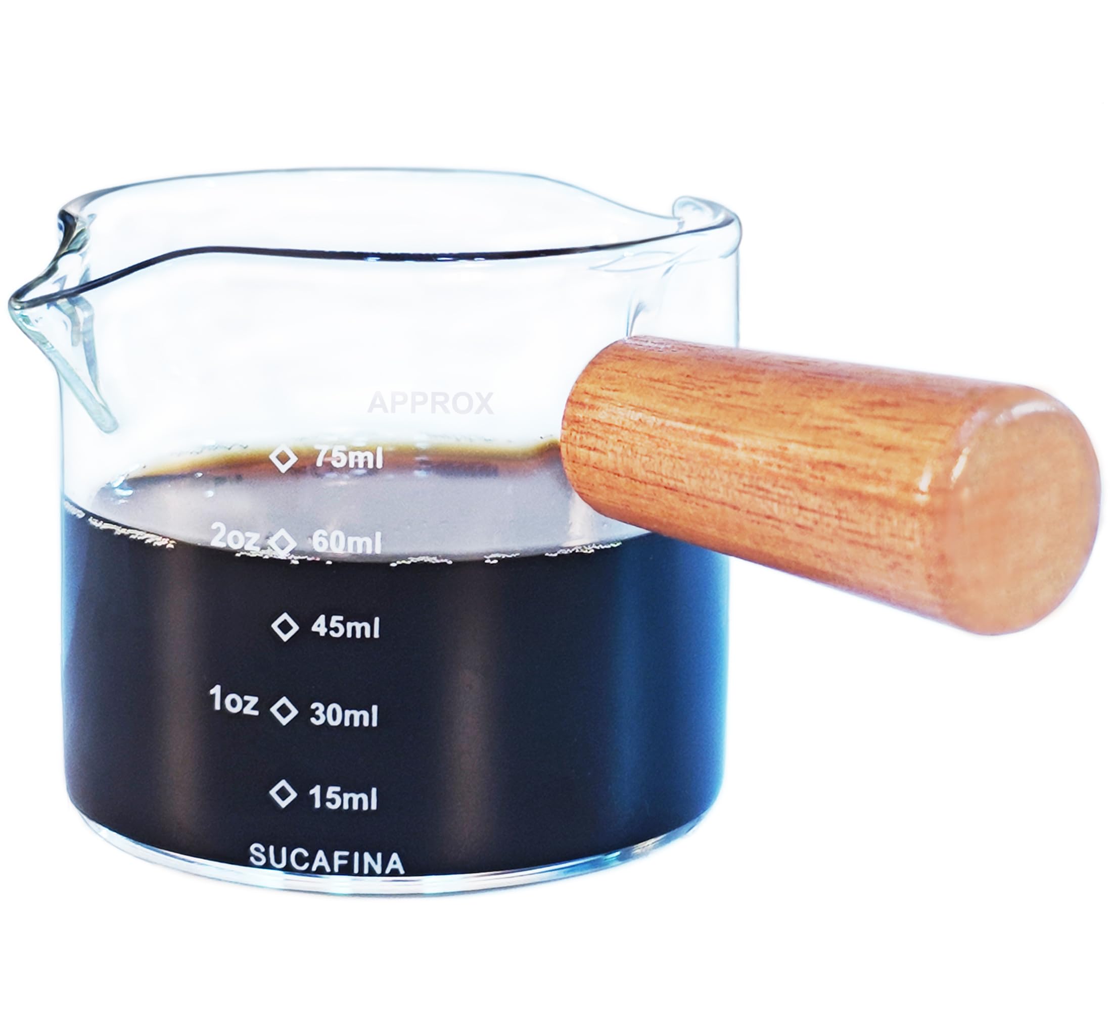 Luvkqarro Espresso Measuring Cup 75ml, Espresso Shot Glass with Wood Handle, Double Spouts Milk Frothing Pitcher, Coffee Bar Accessories, Espresso Cups for Latte Art