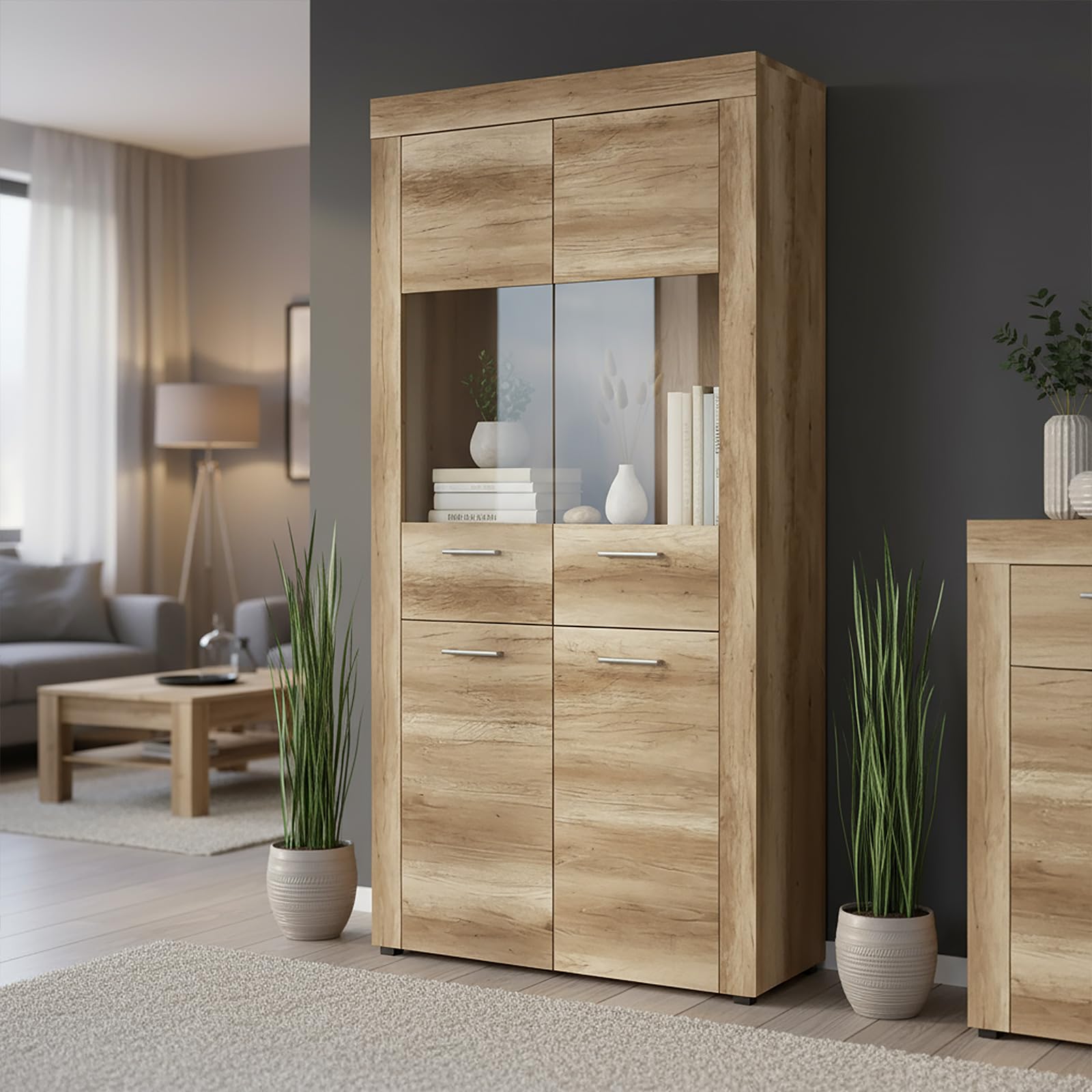 amuéblate Online - Mueble Vitrina para Salón o Comedor, Modelo Ryo, Práctico y Funcional, Color Cañón, Fácil de Montar, Medidas: 100 cm (Ancho) x 177 cm (Alto) x 34,6 cm (Fondo)