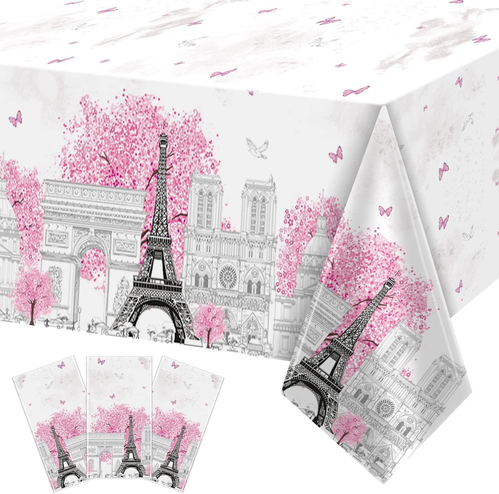 ZOIIWA 3 Pieces Paris Eiffel Tower Tablecloths Pink Paris Theme Eiffel Tower Plastic Disposable Rectangle Table Covers for Baby Shower Wedding Girl Birthday Party Favors Decorations Supplies