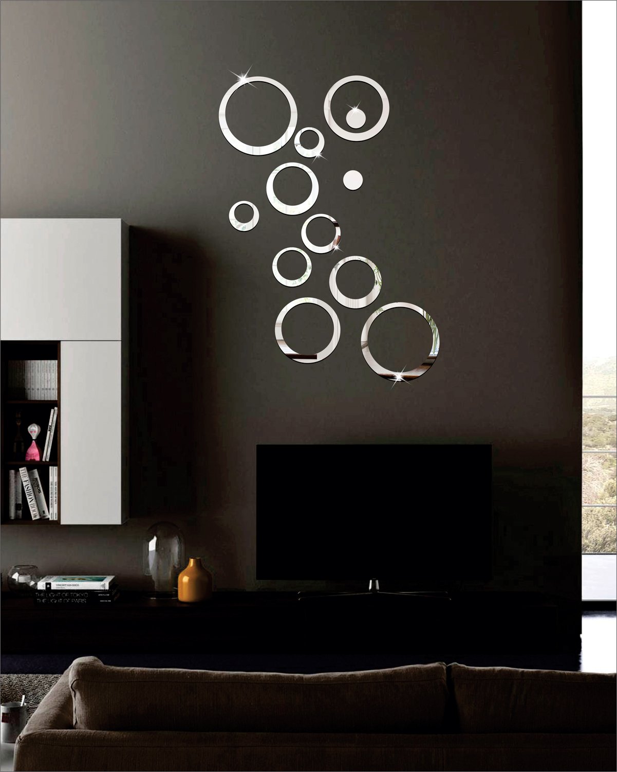 Wall1ders Ring and dots Silver (Pack of 12) Mirror Stickers for Wall.