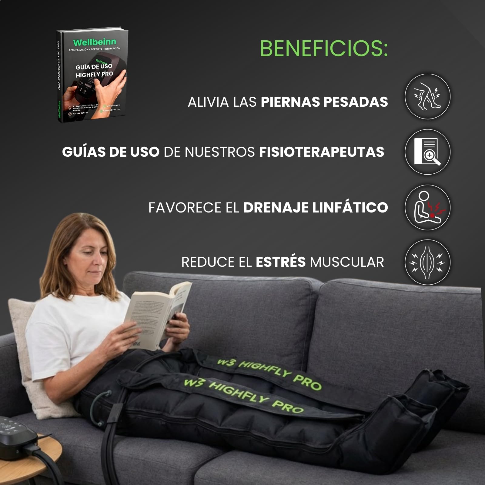 Wellbeinn HighFly Pro | Botas de presoterapia inalámbricas | Masajeador de piernas y pies por compresión de aire | 6 modos, intensidad ajustable | Sesiones 60 min | Autonomía 3 h y uso enchufado