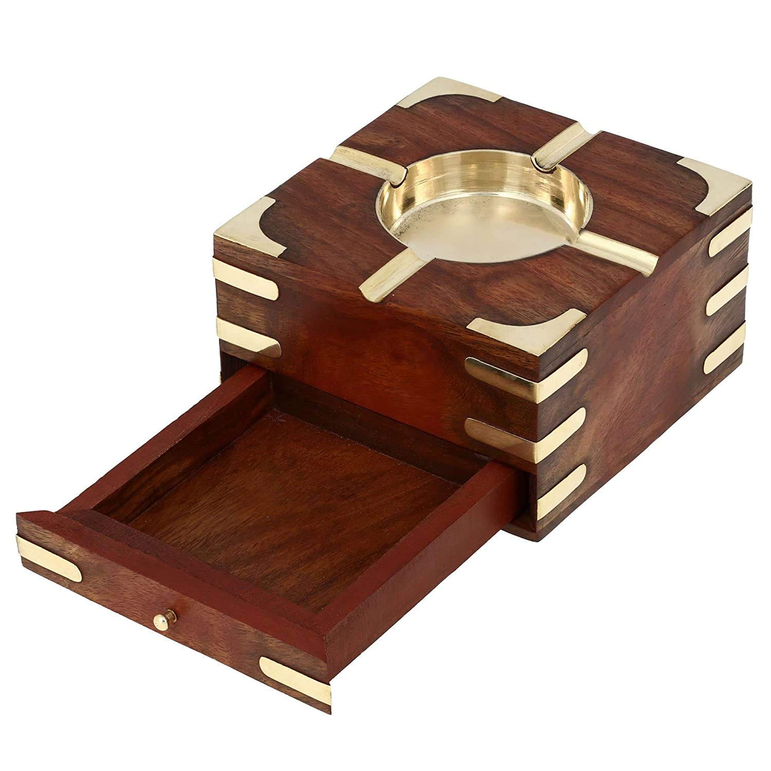 Online Global Stores Handcrafted Decorative Wooden Ashtray with Cigarette Storage Case Box Drawer 4.5X 2.5 Inch
