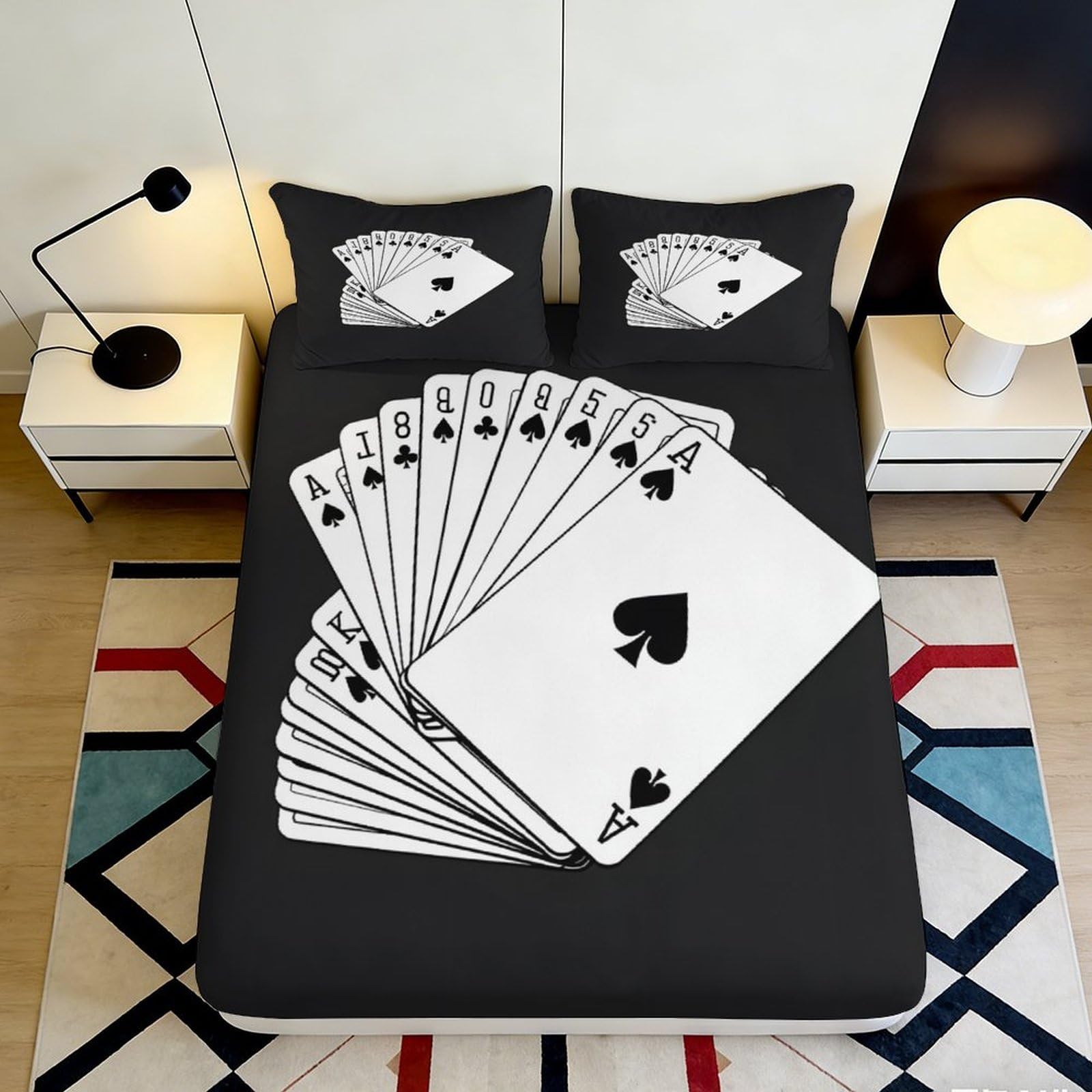 3D Printed Playing Cards Fitted Sheet Microfiber Soft Black Bed Sheet Poker Art Decor for Bedroom Guest Room 90x200x25cm