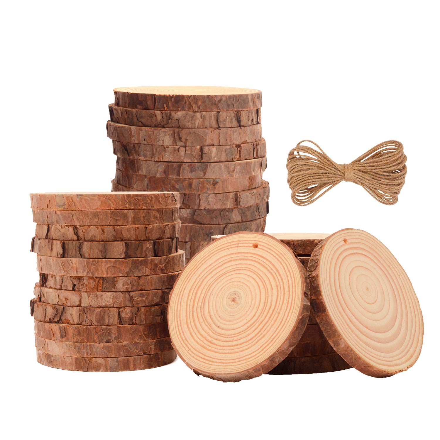 OPULANE Wood Slices 30Pcs 3.1-3.5 Inches Natural Unfinished Wood Rounds Predrilled Holes with 98Ft Twine String Wood Circles for Crafts Wood Burning Painting Arts Wedding Decor DIY Christmas Ornaments