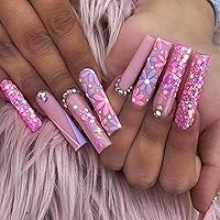 Vista 1 de Uñas postizas a presión tipo ataúd súper largas, 24 uñas postizas reutilizables de cobertura completa con pestañas adhesivas, uñas postizas