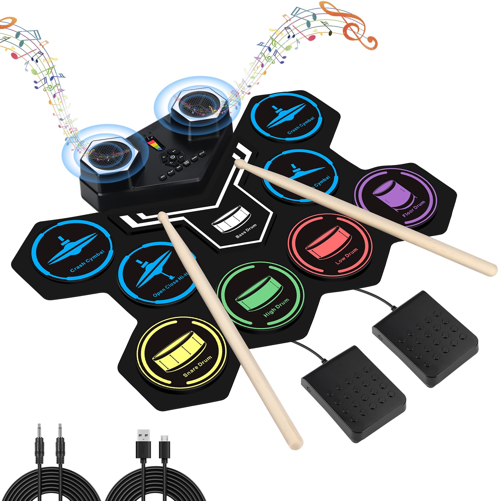 Marrilley Electronic Drum Set, 9 Pad With Headphone Jack, Dual Stereo Speakers, Drum Sticks, Foot Pedals, 10 Hours Playtime, Ideal Gift for Kids