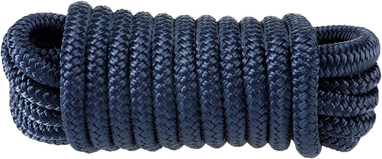 Amarine Made 2 Pack of Double Braided Nylon Dock Lines 4800 lbs Breaking Strength (L:50 ft. D:1/2 inch Eyelet: 12 inch) Marine Mooring Rope Boat Dock Lines Working Load Limit:960 lbs (Blue)