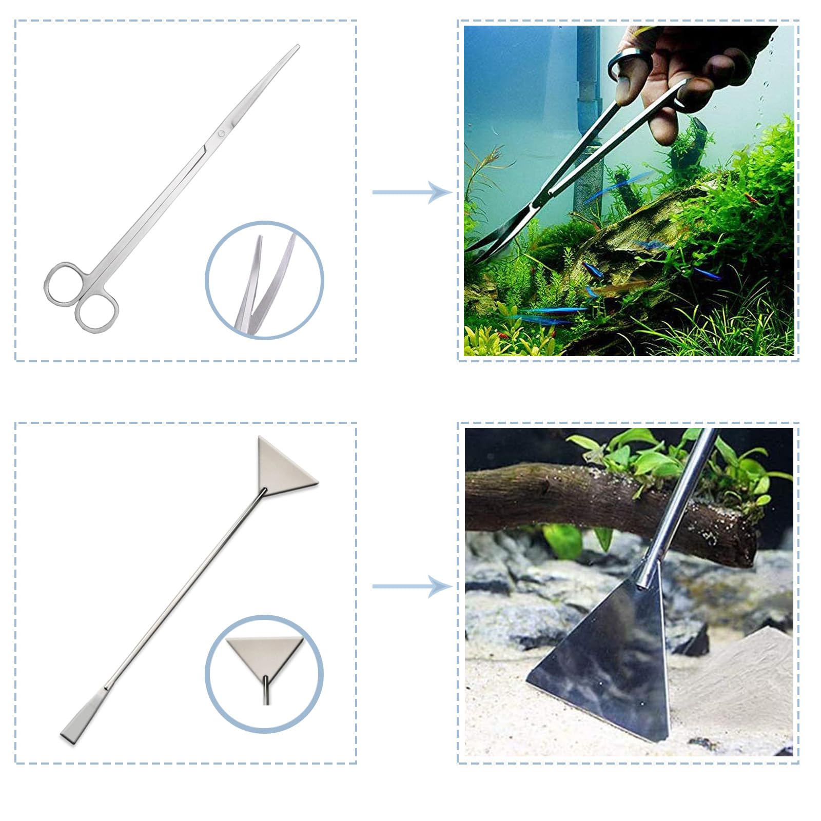 4 in 1 Attrezzi per Acquario Kit, Acciaio Inox Pulizia Acquario Kit Includere Raschietto, Pinzette e Forbici, Accessori per La Pulizia di Acquari per la Pulizia di Pesci e Piante Acquatiche