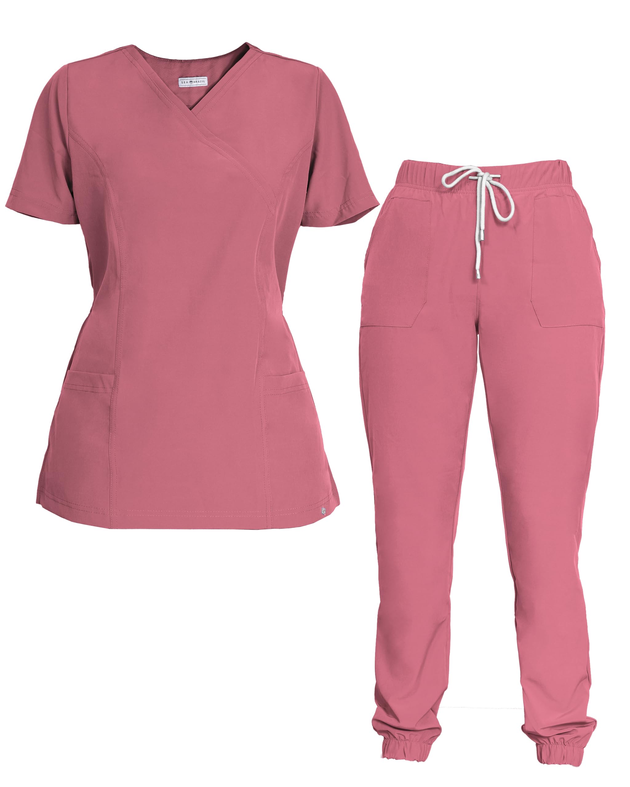 sea brazil Women Medical Uniforms Scrub Set with Classic V-Neck Top and Drawstring Adjustable Pants