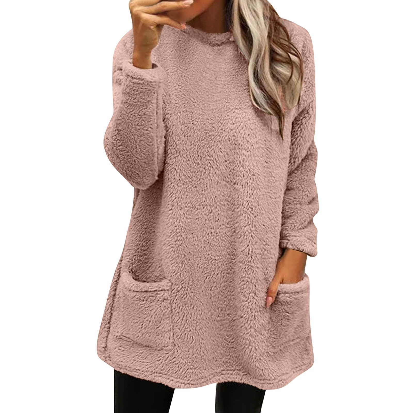 Womens Long Sleeve Sweater Fleece Sherpa Fuzzy Warm Sweaters Fall Fashion Cozy Crewneck Tunic Pullover Tops Plus Size