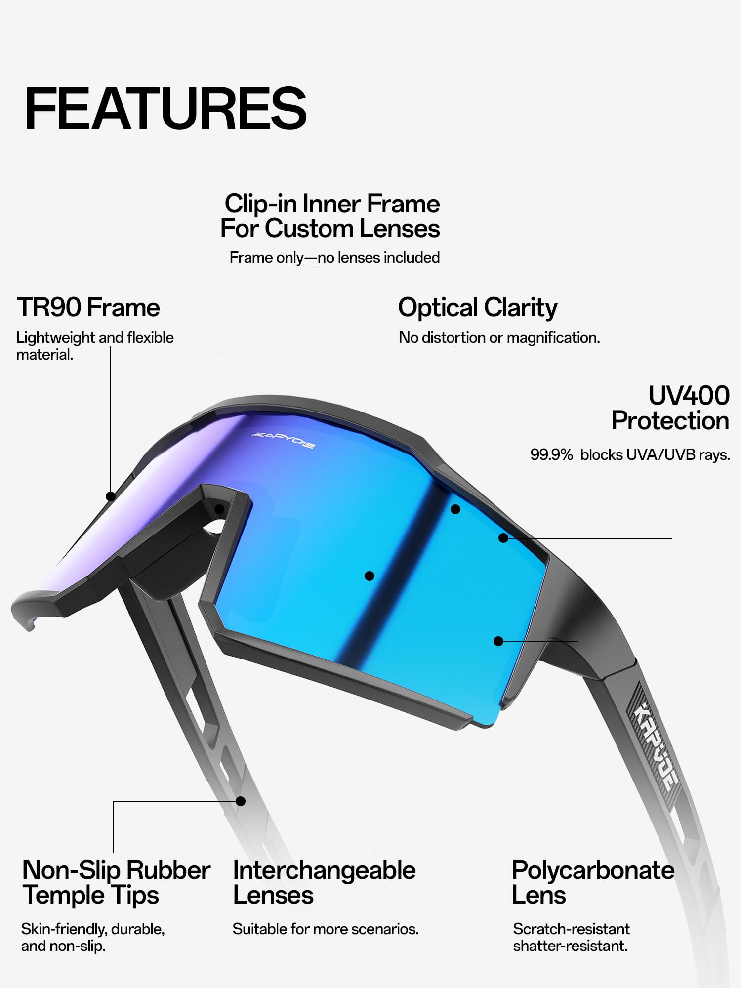 KAPVOE Polarisiert Fahrradbrille mit 1 Linse oder 4 austauschbare Linse TR90 Rahmen für Herren Damen Sport Radfahren MTB K9022