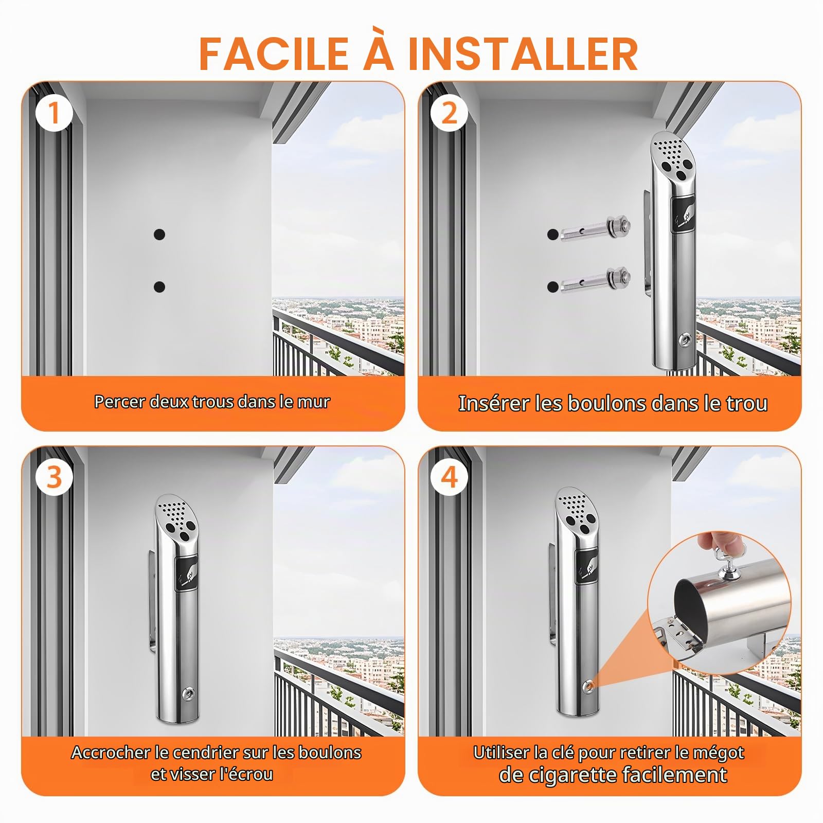 Lot de 2 cendriers muraux pour extérieur en acier inoxydable