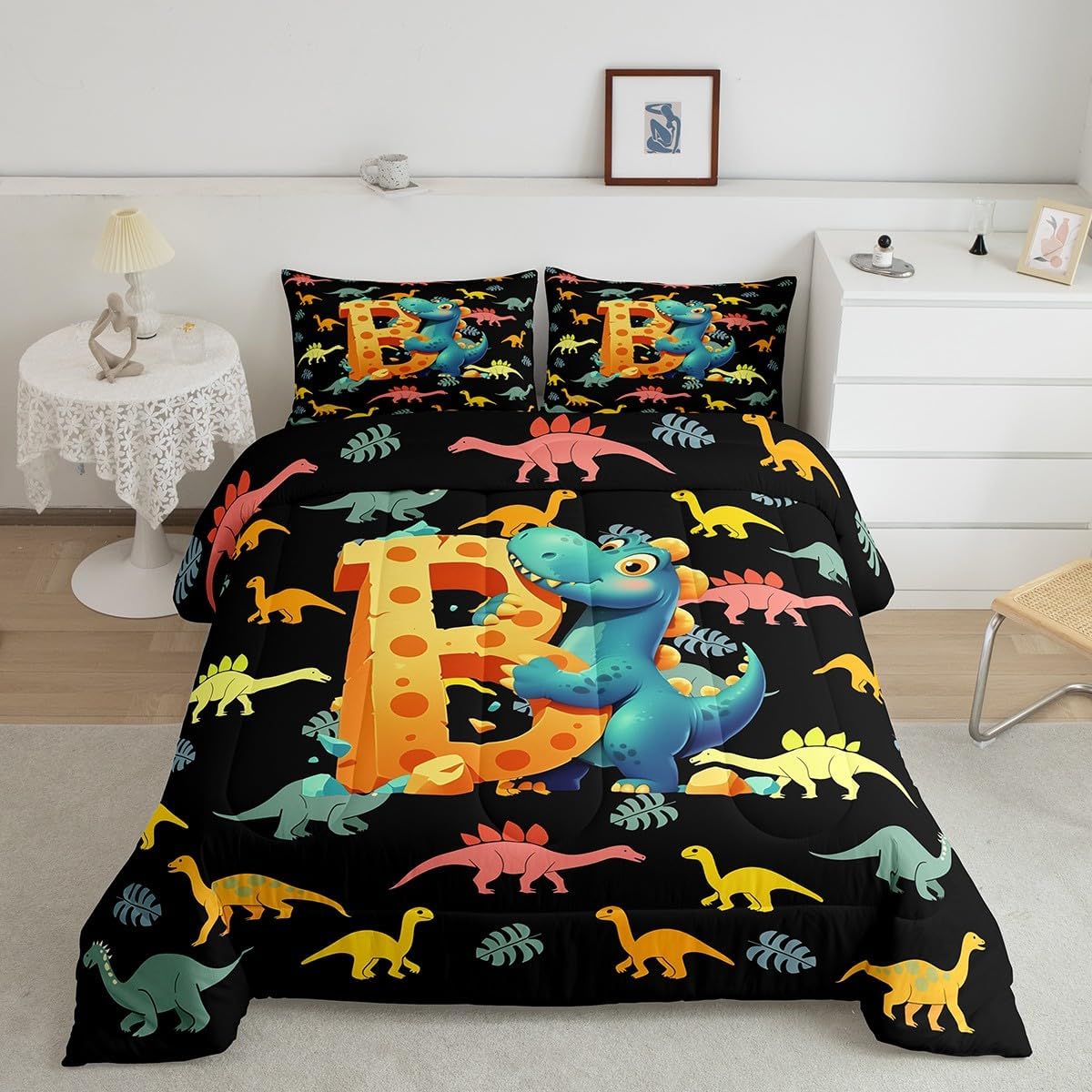 Feelyou Kids Cute Cartoon Dinosaur Comforter Set Full Size Personalized Initial B Bedding Set for Boys Girls Kawaii Jungle Dino Funny Alphabet Pattern Duvet Quilt Room Decor
