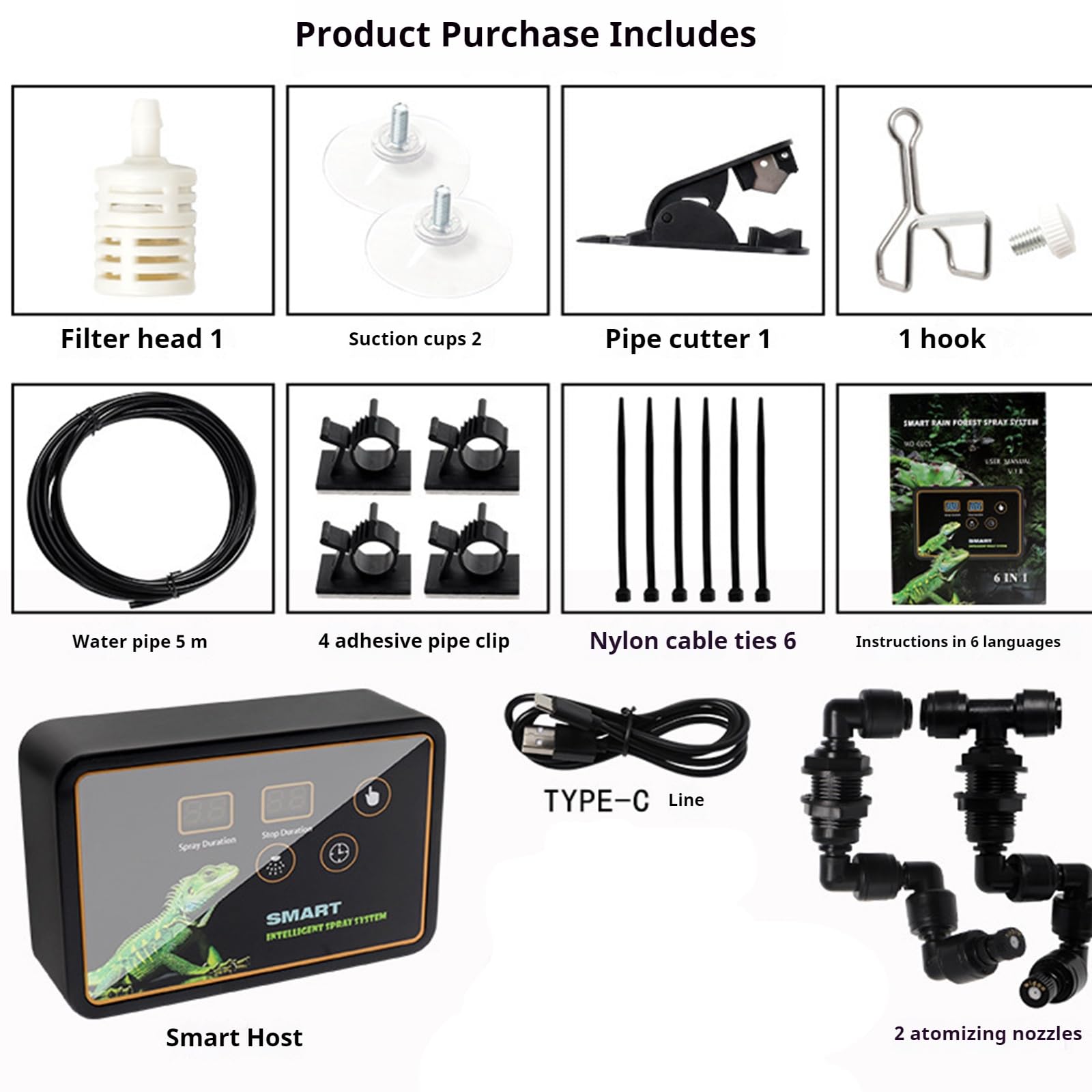 Humidificadores de reptiles, sistema de nebulización inteligente, humidificador inteligente para reptiles, humidificador de terrarios con boquillas de nebulización ajustables de 360°, kit de