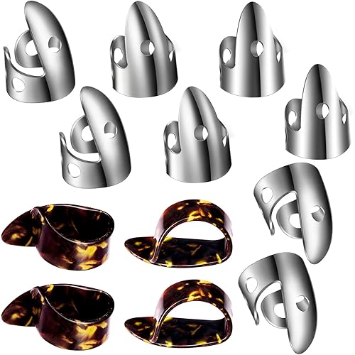 Shappy 12 Pcs Steel Finger Picks Set, Including Stainless Steel Finger Picks and Thumb Picks, Metal Finger Picks Adjustable Bass Finger Picks for Guitar, Banjos and Other (Stylish Style)
